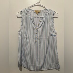 MK sleeveless blouse light blue and white striped with gold buttons